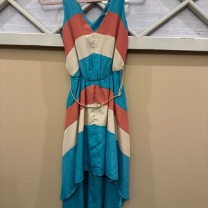 NWT Margo & Sebastian Hi Lo V-neck Dress Medium Coral Teal & Tan‎ Size XS